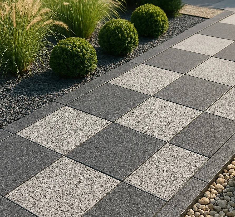 Taras w klasyczną szachownicę z szarych i czarnych płytek granitowych ułożonych równolegle do krawędzi.